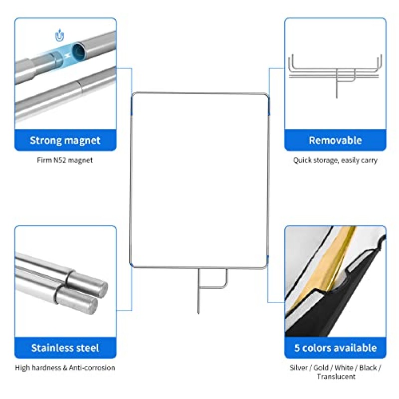 Selens 금속 플래그 패널 반사판 세트(금색, 은색, 검정색, 부드러운 흰색 커버 천 및 디퓨저 포함), 인물 사진 사진 비디오 촬영용 패널 라이트 반사판, 24x30in/60x75cm