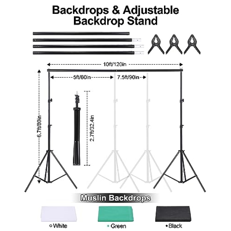 Andoer 스튜디오 사진 조명 키트 45W LED 전구/50x70cm 소프트박스/33인치 흰색 사진 우산/E27 라이트 소켓/2M 라이트 스탠드/3pcs 배경을 포함한 소프트박스 조명 세트