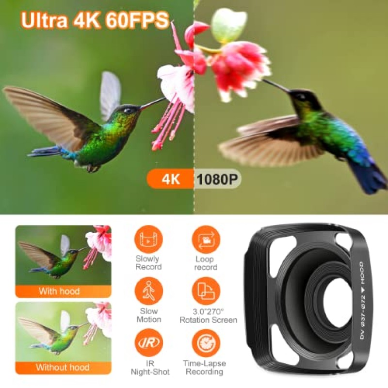 WZX 4K 비디오 카메라 캠코더, Ultra HD WiFi 60FPS 48MP 16X 디지털 줌, 터치스크린 야간 투시경 동영상 블로그 카메라, 외부 마이크가 장착된 YouTube 카메라, 리모콘, 렌즈 후드, 안정기