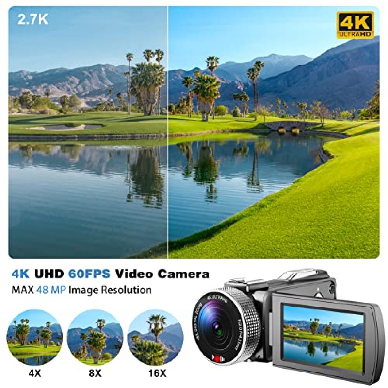 4K 캠코더, 48MP 60FPS 동영상 블로그 카메라(YouTube용 무선 마이크 포함), Ultra HD 3인치 플립 스크린 18X 디지털 줌 비디오 레코더 카메라(64GB SD 카드, 리모컨 및 배터리 2개 포함)