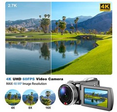 4K 캠코더, 48MP 60FPS 동영상 블로그 카메라(YouTube용 무선 마이크 포함), Ultra HD 3인치 플립 스크린 18X 디지털 줌 비디오 레코더 카메라(64GB SD 카드, 리모컨 및 배터리 2개 포함)