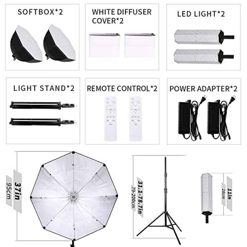 팔각형 소프트박스 조명 키트, 37인치 사진 조명 비디오 스튜디오 조명, 120W 3000-5500K 디밍이 가능한 LED 전구 인물 사진, 비디오 녹화용 전문 스튜디오 장비