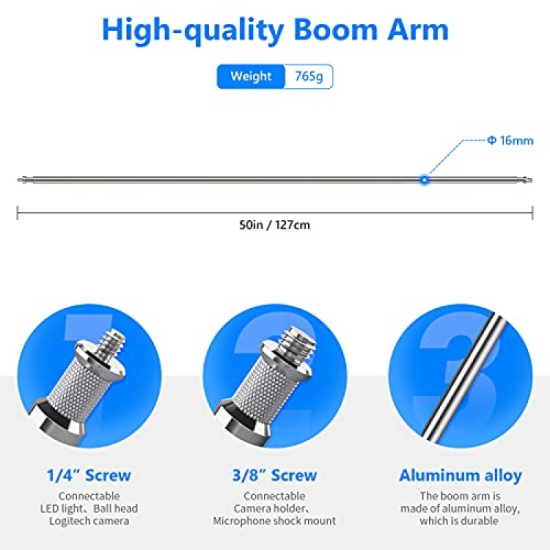 Neewer 연장 그립 암 붐 암(2개 그립 헤드 포함) - 50인치/127cm 스튜디오 비디오 사진용 조명 스탠드, 반사경 및 기타 장비용 알루미늄 합금 구조(실버)