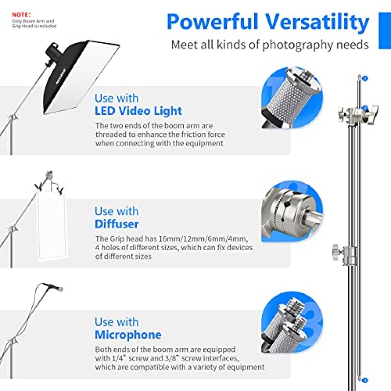 Neewer 연장 그립 암 붐 암(2개 그립 헤드 포함) - 50인치/127cm 스튜디오 비디오 사진용 조명 스탠드, 반사경 및 기타 장비용 알루미늄 합금 구조(실버)
