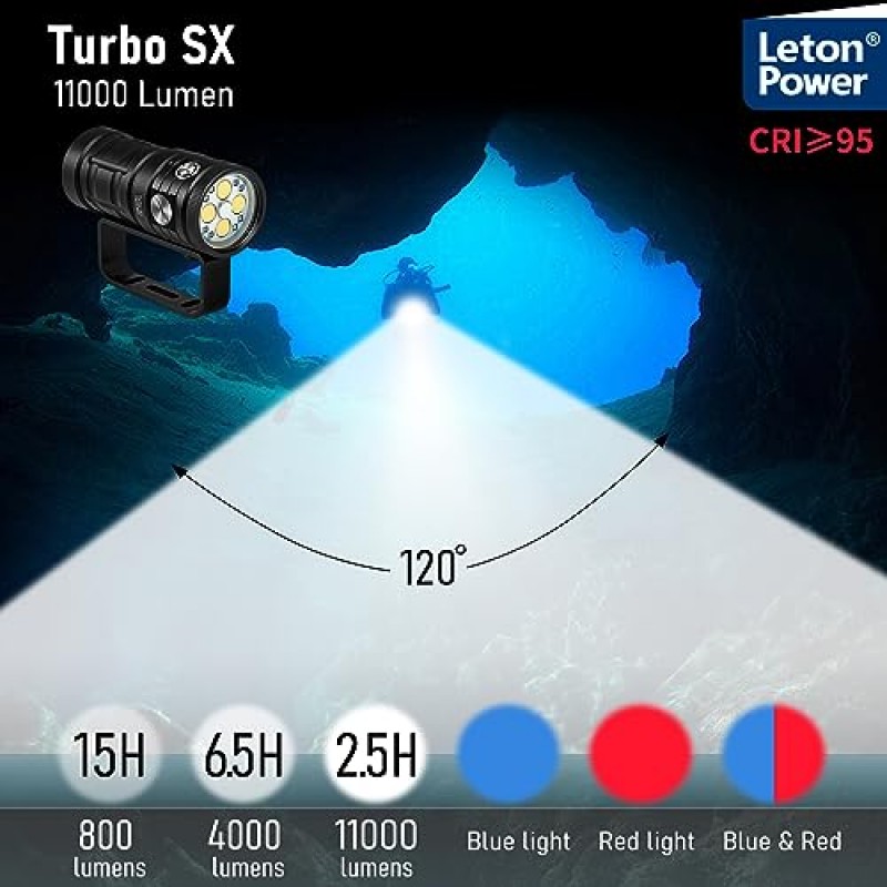 다이브 라이트, LetonPower TS SX 11000루멘 100m 수중 비디오 라이트, 다이빙 손전등, 스쿠버 다이브 라이트, 수중 스포츠용 방수 손전등, 수중 비디오 촬영 및 사진 촬영