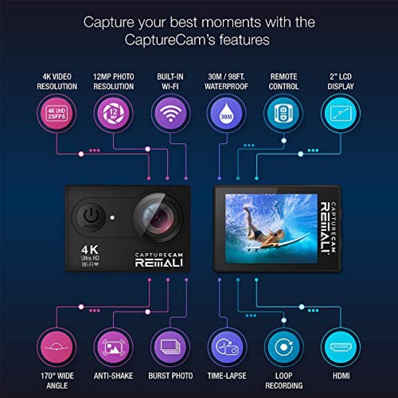 REMALI CaptureCam 4K Ultra HD 및 12MP 방수 스포츠 액션 카메라 키트(휴대 케이스, 배터리 3개, 듀얼 배터리 충전기, 2인치 LCD 스크린, WiFi, 리모콘, 마운트 및 액세서리 21개 포함)