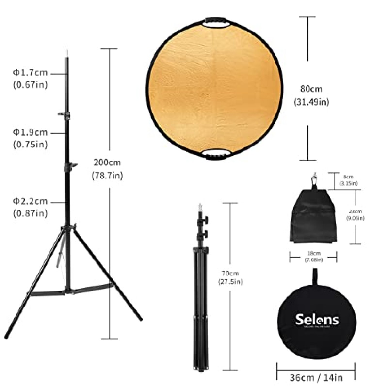 Selens 사진 반사경 홀더 스탠드 키트, 32in/80cm 회전 붐 암 스탠드 및 사진 비디오 스튜디오 조명용 샌드백이 포함된 5-in-1 접이식 조명 반사경