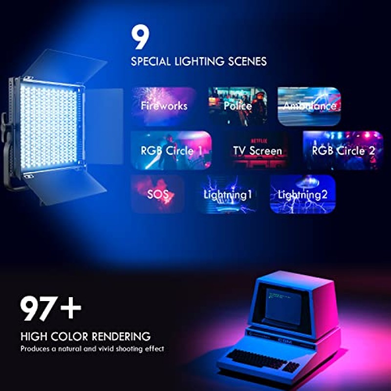 RGB LED 비디오 조명, IVISII 2팩 LED 패널 조명, 풀 컬러 스튜디오 조명 45W 552 PCS LED 사진 조명, 2600K-10000K/9 적용 가능한 장면 YouTube/사진용 비디오 조명 키트