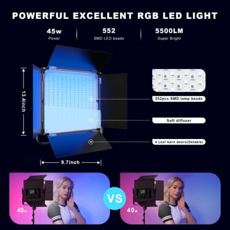 RGB LED 비디오 조명, IVISII 2팩 LED 패널 조명, 풀 컬러 스튜디오 조명 45W 552 PCS LED 사진 조명, 2600K-10000K/9 적용 가능한 장면 YouTube/사진용 비디오 조명 키트