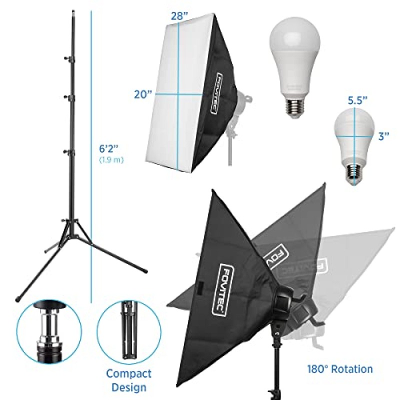 사진 및 비디오 제작을 위한 Fovitec Spectra 2등 LED 연속 소프트박스 조명 키트(25W LED 램프 10개, 20인치 x 28인치 소프트박스 2개 및 소켓 고정 장치 5개 포함)