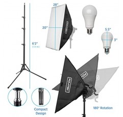 사진 및 비디오 제작을 위한 Fovitec Spectra 2등 LED 연속 소프트박스 조명 키트(25W LED 램프 10개, 20인치 x 28인치 소프트박스 2개 및 소켓 고정 장치 5개 포함)