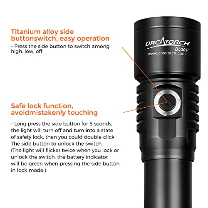 ORCATORCH D530V 1000 루멘 스쿠버 다이빙 비디오 조명 120도 넓은 빔 각도, 수중 150미터 다이빙 사진 조명(안전 잠금 기능 포함) 배터리 전원 표시기(5500K 따뜻한 백색광)