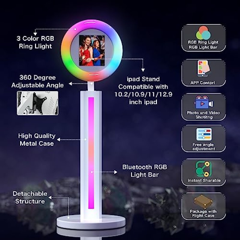 링 라이트, 스탠드 쉘 셀카 기계, APP 원격 제어, 비행 케이스, 결혼식, 이벤트, 크리스마스, 임대 사업을 위한 포토 부스를 갖춘 파티용 소프트웨어가 포함된 휴대용 iPad 사진 부스 기계