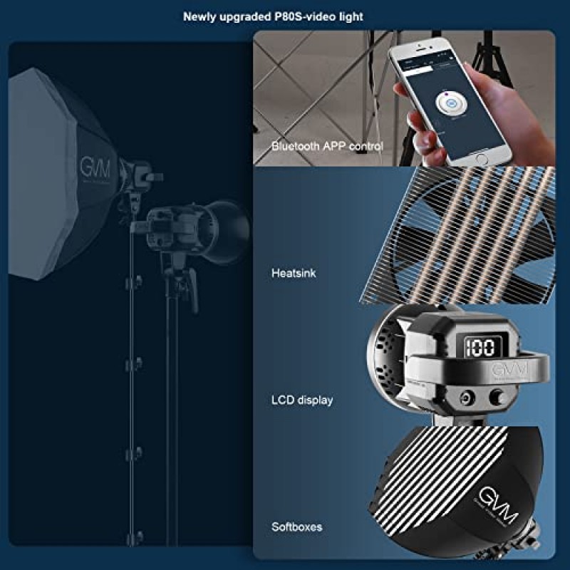 GVM 80W 사진 스튜디오 조명 키트, 보웬 마운트가 포함된 LED 비디오 조명 23.6인치 소프트박스, 삼각대 스탠드, 연속 출력 일광 5600K 사진용 조명