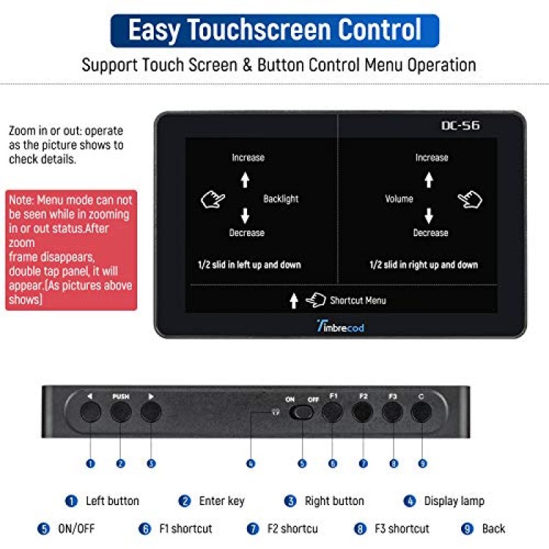 Timbrecod 5.5인치 터치스크린 카메라 필드 모니터, 4K HDMI DC 입력 DSLR 촬영 카메라 비디오 모니터 키트(3500mAh 충전식 배터리 내장) 3D Lut 1920 x 1080 화면 피킹 포커스 지원