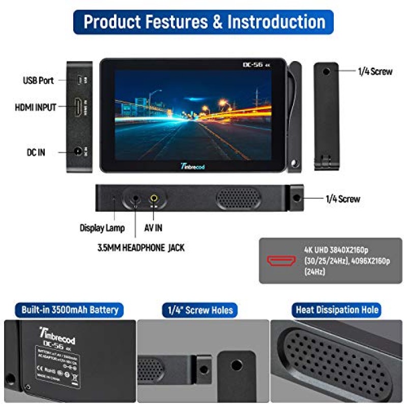 Timbrecod 5.5인치 터치스크린 카메라 필드 모니터, 4K HDMI DC 입력 DSLR 촬영 카메라 비디오 모니터 키트(3500mAh 충전식 배터리 내장) 3D Lut 1920 x 1080 화면 피킹 포커스 지원