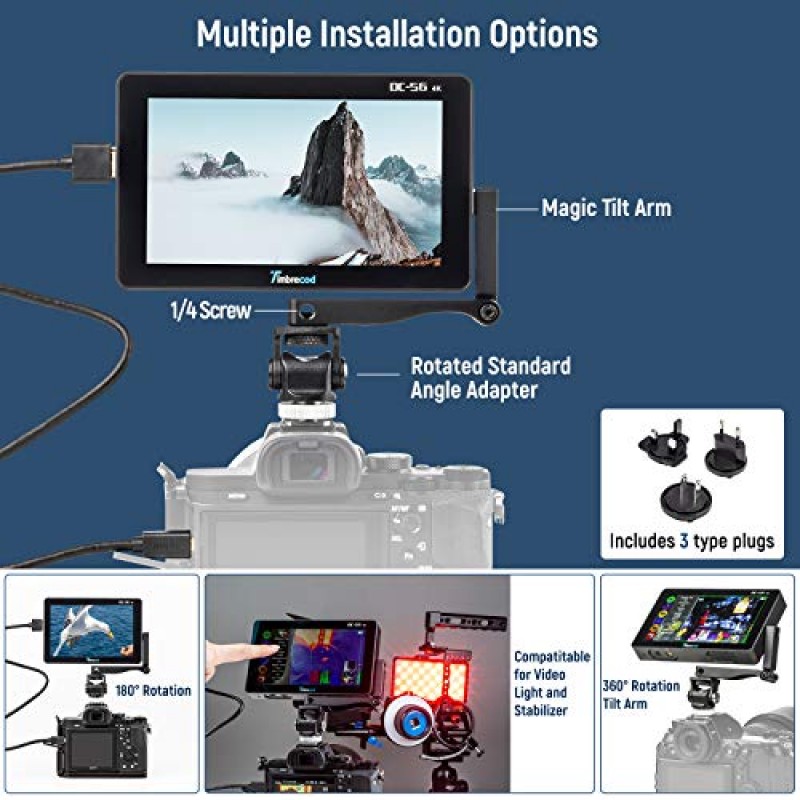 Timbrecod 5.5인치 터치스크린 카메라 필드 모니터, 4K HDMI DC 입력 DSLR 촬영 카메라 비디오 모니터 키트(3500mAh 충전식 배터리 내장) 3D Lut 1920 x 1080 화면 피킹 포커스 지원