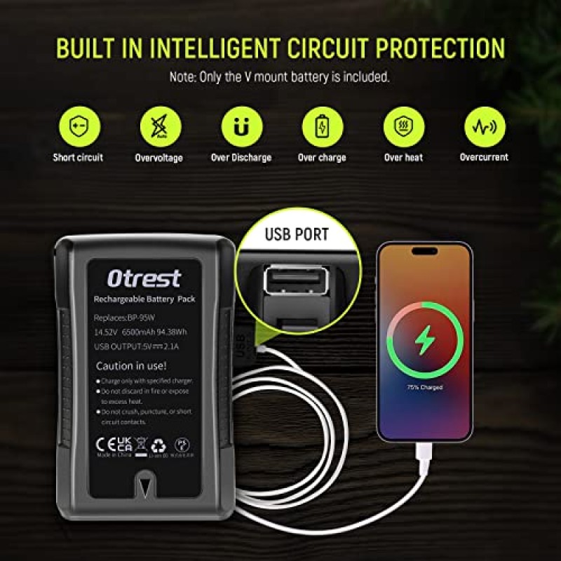 OTREST 6600mAh V 마운트 배터리, BP-95W 14.8V 95Wh 충전식 리튬 이온 배터리(D 탭 출력 충전기 및 비디오 방송용 케이블 포함) 소니 BMPCC 카메라 캠코더와 호환되는 LED 조명