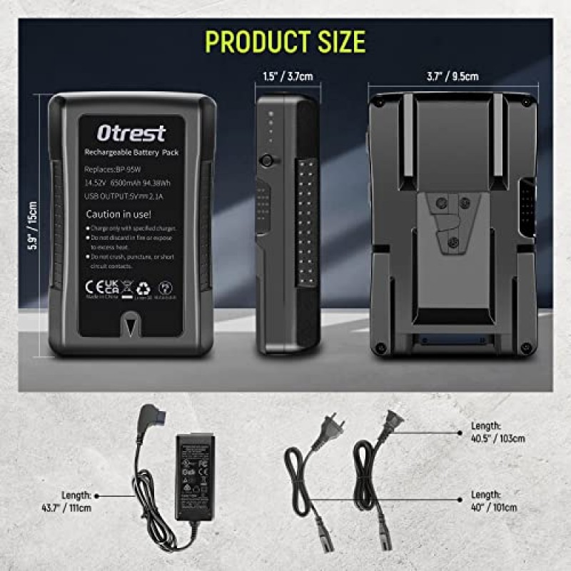 OTREST 6600mAh V 마운트 배터리, BP-95W 14.8V 95Wh 충전식 리튬 이온 배터리(D 탭 출력 충전기 및 비디오 방송용 케이블 포함) 소니 BMPCC 카메라 캠코더와 호환되는 LED 조명