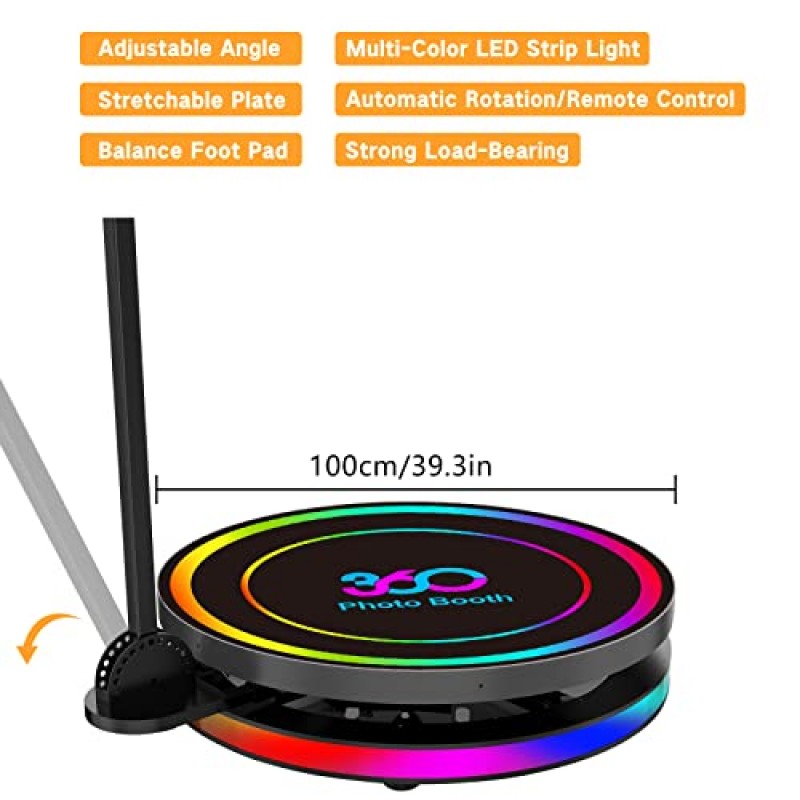 360도 사진 부스 기계 100cm 파티용 확장형 링 라이트 셀카 홀더 액세서리, 5인 스탠드, 자동 회전 360도 비디오 카메라 부스 플랫폼 회전자, 39.4인치 항공 케이스 포함