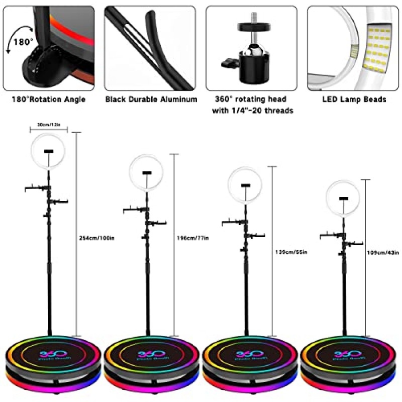 360도 사진 부스 기계 100cm 파티용 확장형 링 라이트 셀카 홀더 액세서리, 5인 스탠드, 자동 회전 360도 비디오 카메라 부스 플랫폼 회전자, 39.4인치 항공 케이스 포함