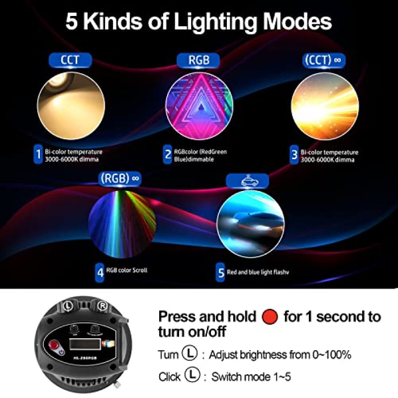 WELLMAKING RGB LED 비디오 조명, 50W 이중 색상 COB Bowens 마운트 사진 조명(반도어 및 LCD 화면 포함), 프레넬 렌즈, 5가지 조명 효과 포함, 휴대용 조명 AC/DC, 3000K~6000K CRI 95+