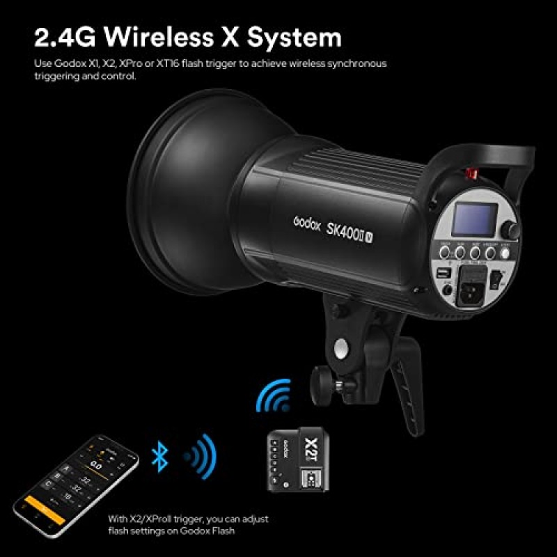 Godox SK400II-V (2023 새로운 업그레이드) 400Ws Bowens Mount Photo Studio 5600±200K 스트로브 라이트 내장 2.4G 무선 X 시스템(LED 모델링 램프 포함) Bowens Mount Photography Flashes