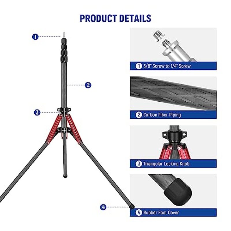NEEWER 라이트 스탠드 탄소 섬유, 180° 뒤집을 수 있는 다리, 1/4