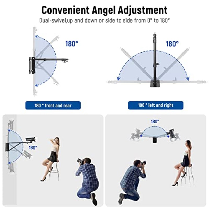 사진용 Neewer 벽 장착 삼각형 붐 암 스트로브 라이트, 모노라이트, 소프트박스, 우산, 반사경 및 링 라이트, 180도 회전 지원, 최대 길이 4피트/125cm(검은색)