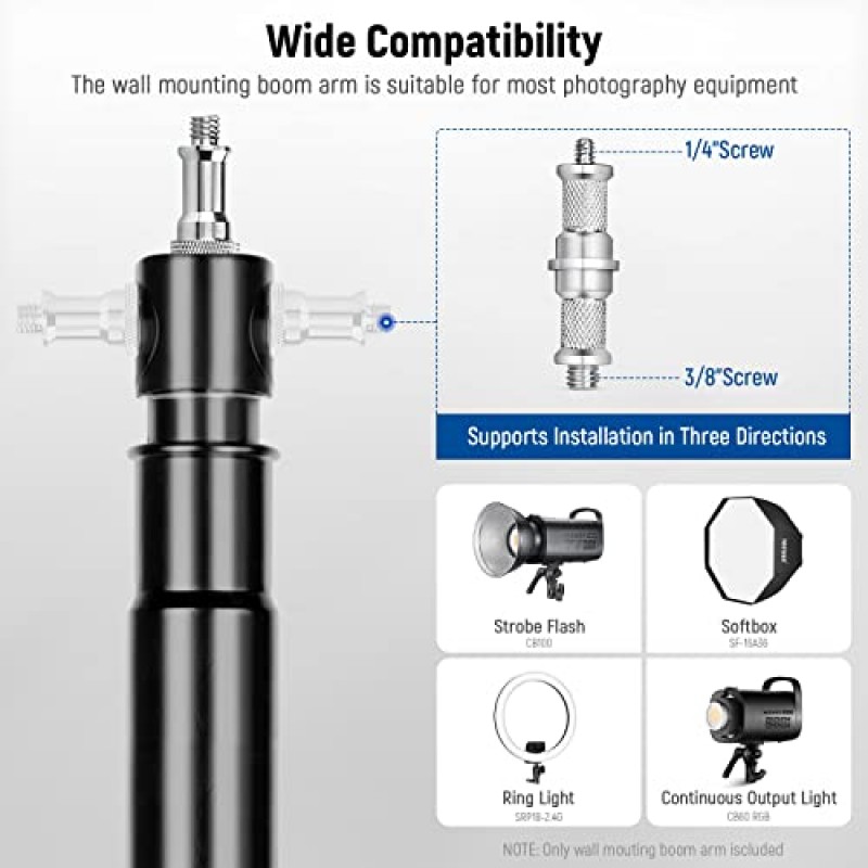 사진용 Neewer 벽 장착 삼각형 붐 암 스트로브 라이트, 모노라이트, 소프트박스, 우산, 반사경 및 링 라이트, 180도 회전 지원, 최대 길이 4피트/125cm(검은색)