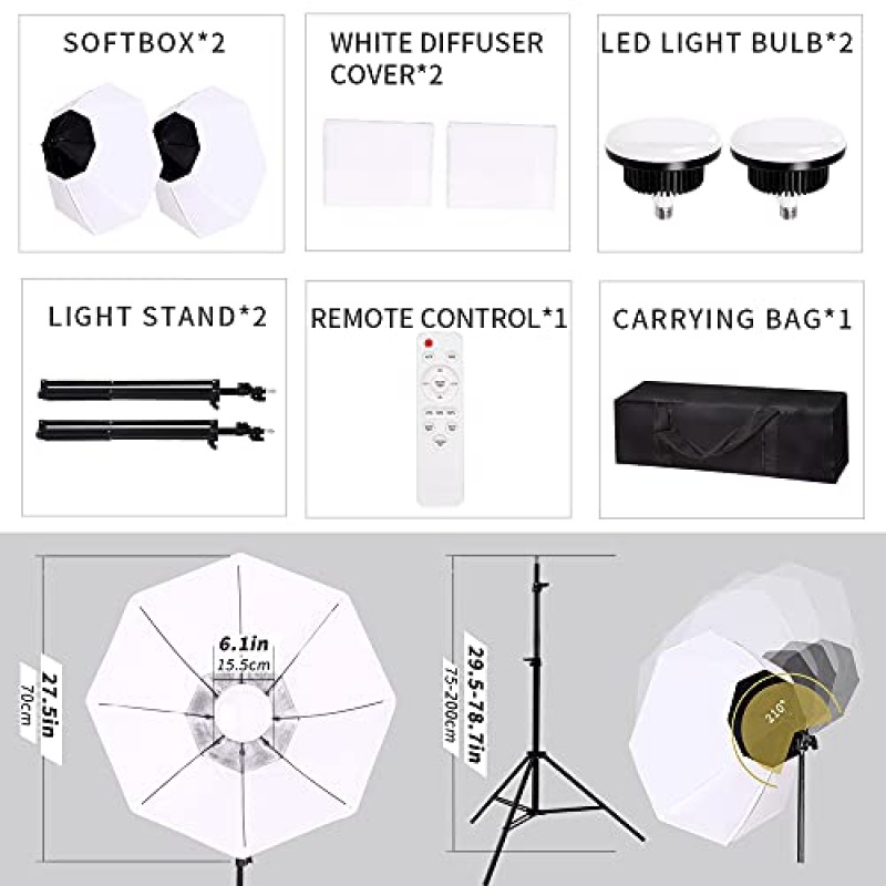 팔각형 소프트박스 조명 키트, 라이브 스트리밍, 인물 사진, 비디오 녹화용 85W E27 3000-6500K 디밍이 가능한 LED 전구가 포함된 360도 조명 사진 조명 스튜디오 조명