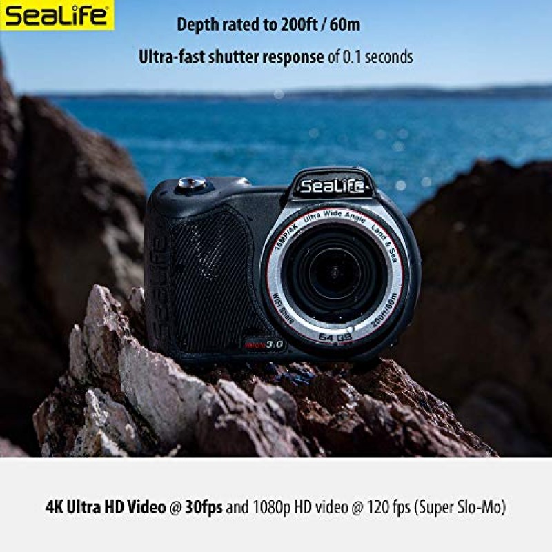 SeaLife Micro 3.0 수중 사진 및 비디오용 64GB, 16mp, 4K 수중 카메라, 간편한 설정, 무선 전송; 케이스, 손목 스트랩 포함