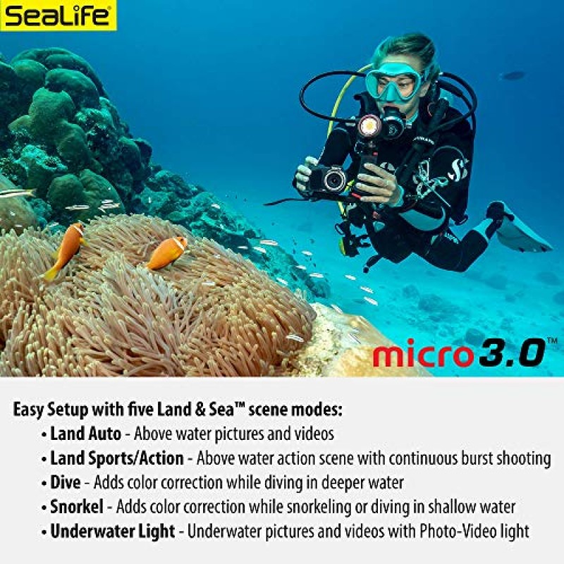 SeaLife Micro 3.0 수중 사진 및 비디오용 64GB, 16mp, 4K 수중 카메라, 간편한 설정, 무선 전송; 케이스, 손목 스트랩 포함