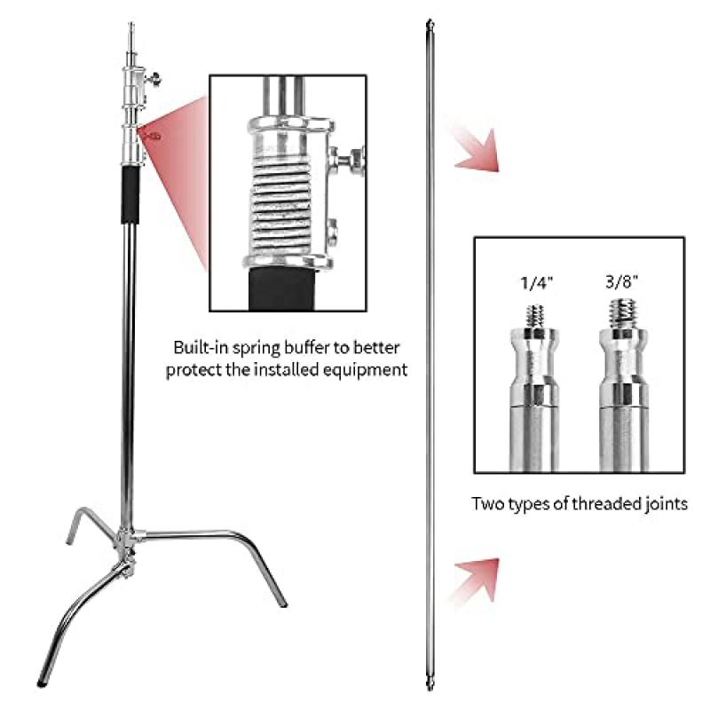 붐 암이 있는 ZUOCHEN C 스탠드, 업그레이드된 헤비 듀티 스테인레스 스틸 암 사진 조명 스탠드, 최대 높이 11피트 및 4.2피트 홀딩 암, 스튜디오 모노라이트용 그립 헤드 2개, 소프트박스, 반사경