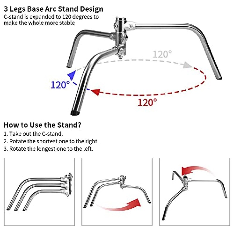 붐 암이 있는 ZUOCHEN C 스탠드, 업그레이드된 헤비 듀티 스테인레스 스틸 암 사진 조명 스탠드, 최대 높이 11피트 및 4.2피트 홀딩 암, 스튜디오 모노라이트용 그립 헤드 2개, 소프트박스, 반사경