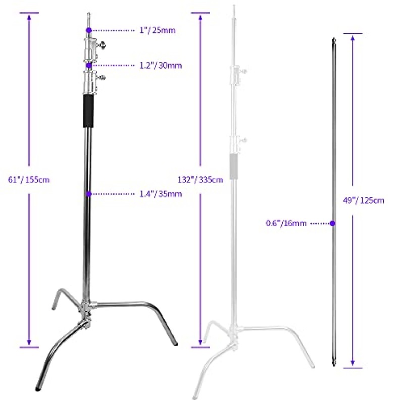 붐 암이 있는 ZUOCHEN C 스탠드, 업그레이드된 헤비 듀티 스테인레스 스틸 암 사진 조명 스탠드, 최대 높이 11피트 및 4.2피트 홀딩 암, 스튜디오 모노라이트용 그립 헤드 2개, 소프트박스, 반사경
