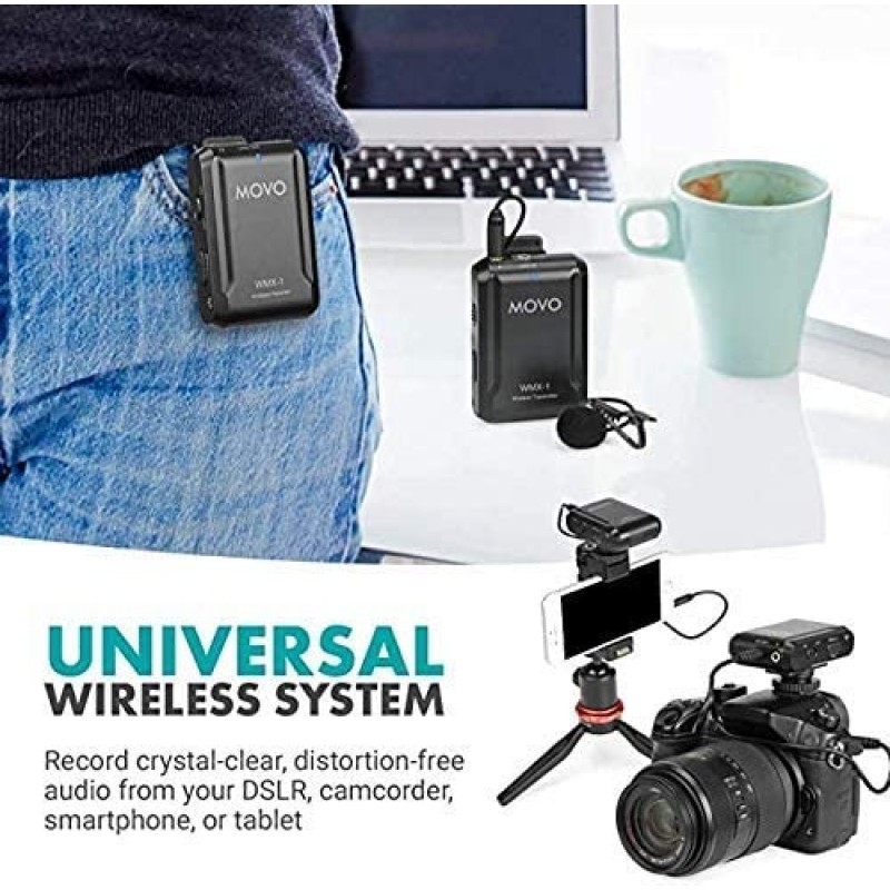 Movo WMX-1 USB Type-C 번들 - DSLR 카메라, iPhone, 스마트폰 및 태블릿과 호환되는 2.4GHz 듀얼 무선 라발리에 마이크 시스템(200피트 오디오 범위) - 튜토리얼 교육에 적합