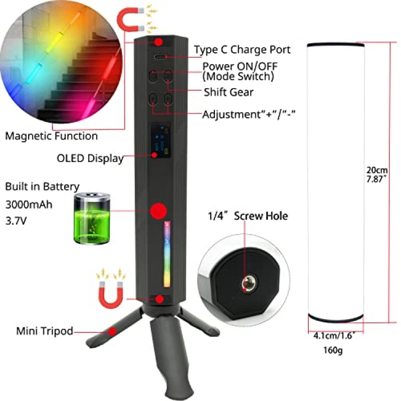 HAFOKO 2PACK W200 휴대용 RGB 조명 완드 비디오 LED 조명 휴대용 조명 사진 조명 Vlog(자석 포함) CRI95+ 2500K-9000K 내장 배터리 3000mAh 동영상 블로깅 YouTube Living과 호환 가능