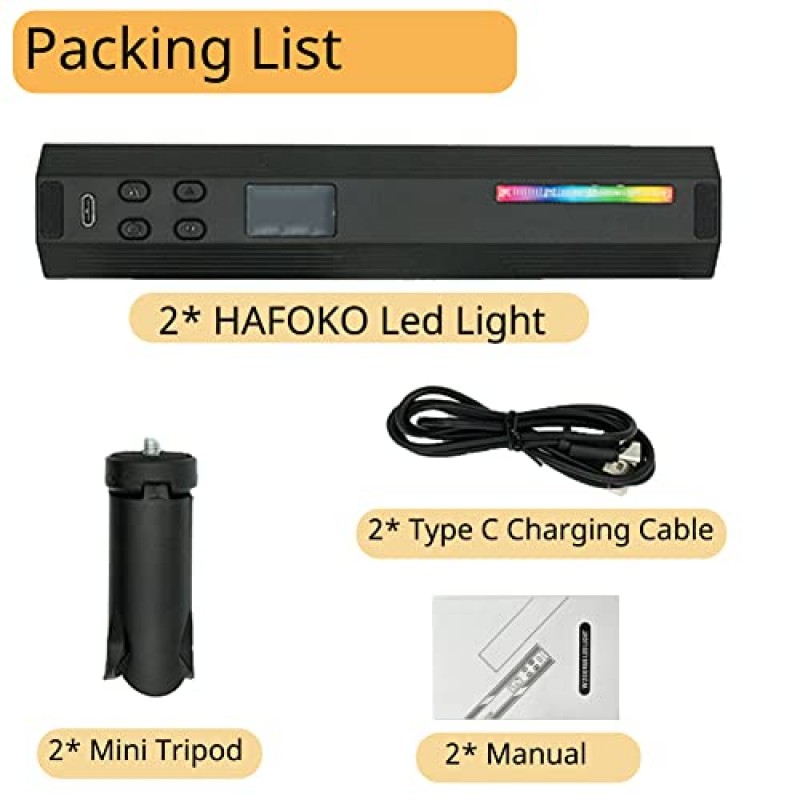 HAFOKO 2PACK W200 휴대용 RGB 조명 완드 비디오 LED 조명 휴대용 조명 사진 조명 Vlog(자석 포함) CRI95+ 2500K-9000K 내장 배터리 3000mAh 동영상 블로깅 YouTube Living과 호환 가능