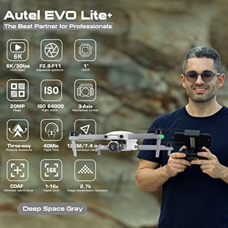 Autel Robotics EVO Lite Plus 프리미엄 번들, 203개의 최신 Lite+ 드론(1인치 CMOS 센서 포함) 6K HDR 카메라, 지오펜싱 없음, F2.8 - F11 조리개, 3축 짐벌 쿼드콥터 UAV, 3방향 장애물 회피, 40분 비행 시간, 12KM(7.4마일) 전송, 16X 줌, 동적 추적, 배터리 3개, 추가 64G SD, Lite Plus Fly More 콤보(화이트)