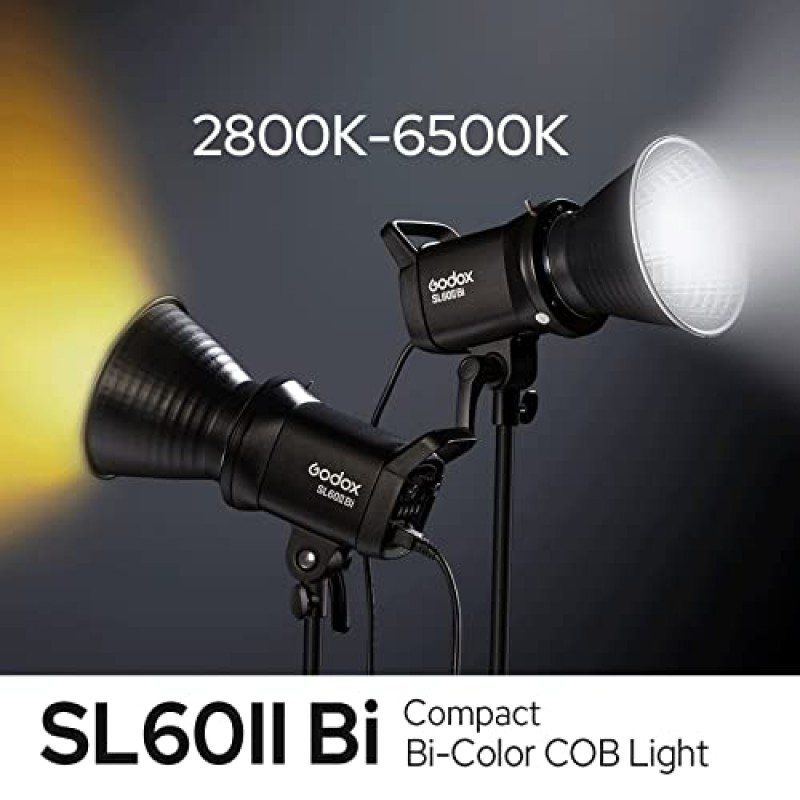 Godox SL60IIBi 75W 이중 색상 LED 비디오 조명, 25100Lux@1M 2800K-6500K LED 연속 조명 CRI/TLCI 96+/97+, 11 FX 효과 스튜디오 조명 Bowens 마운트, Godox RC-A6 리모컨을 갖춘 2.4G 무선 제어