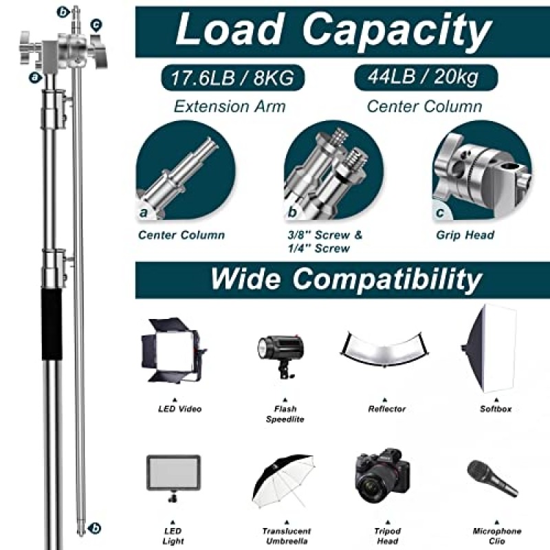 Altson Pro 100% 스테인레스 스틸 헤비듀티 C 스탠드(붐 암 포함), 최대 높이 10.5ft/320cm 사진 조명 스탠드, 4.2ft/128cm 홀딩 암, 스튜디오 모노라이트용 그립 헤드 2개, 소프트박스, 반사경