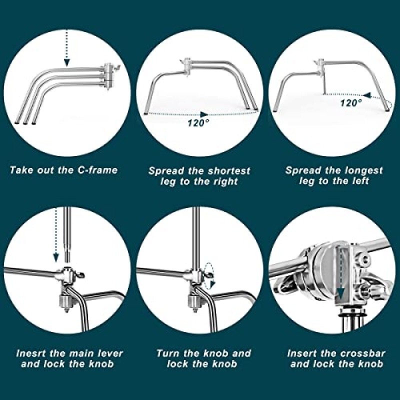 Altson Pro 100% 스테인레스 스틸 헤비듀티 C 스탠드(붐 암 포함), 최대 높이 10.5ft/320cm 사진 조명 스탠드, 4.2ft/128cm 홀딩 암, 스튜디오 모노라이트용 그립 헤드 2개, 소프트박스, 반사경