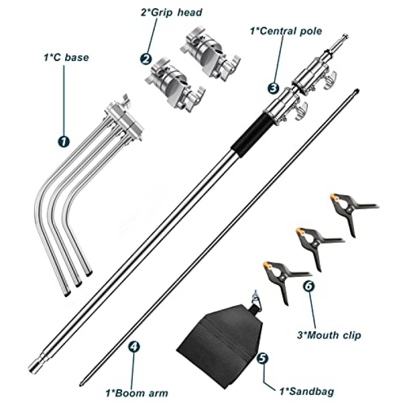 Altson Pro 100% 스테인레스 스틸 헤비듀티 C 스탠드(붐 암 포함), 최대 높이 10.5ft/320cm 사진 조명 스탠드, 4.2ft/128cm 홀딩 암, 스튜디오 모노라이트용 그립 헤드 2개, 소프트박스, 반사경