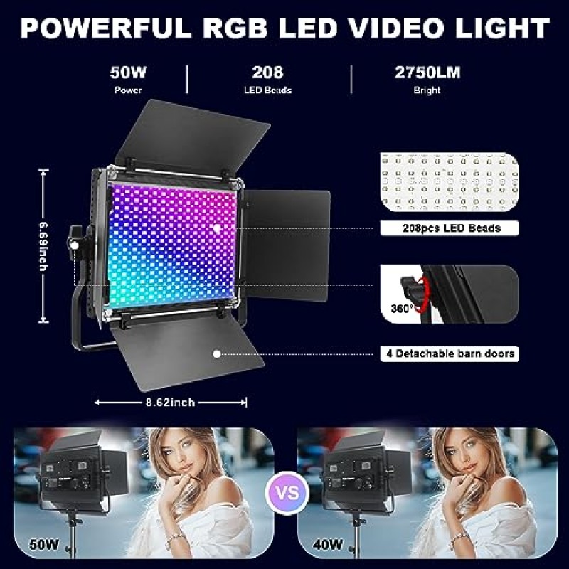 앱 제어 기능이 있는 GreatLPT 50W 전문 사진 조명 키트, 1500 Lux/1m, 360°풀 컬러, 2500K-8500K 조광 가능, 49 장면 모드, 스튜디오/스트리밍용 CRI 96+ TLCI>97 CQS 96+(스탠드 제외)