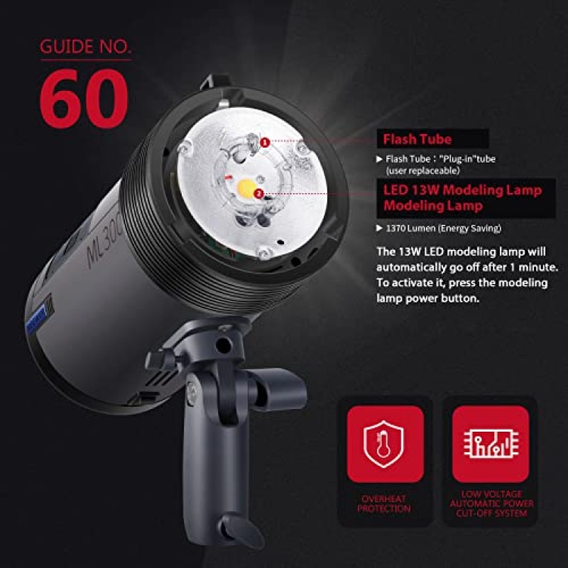 Neewer ML300 300W 야외 스튜디오 플래시 스트로브 리튬 이온 배터리 구동 모노라이트(2.4GHz 무선 트리거 포함), 1000회 최대 전력 플래시, 0.4~2.5초 재활용 시간, 보웬스 마운트, 2팩 리튬 이온 배터리