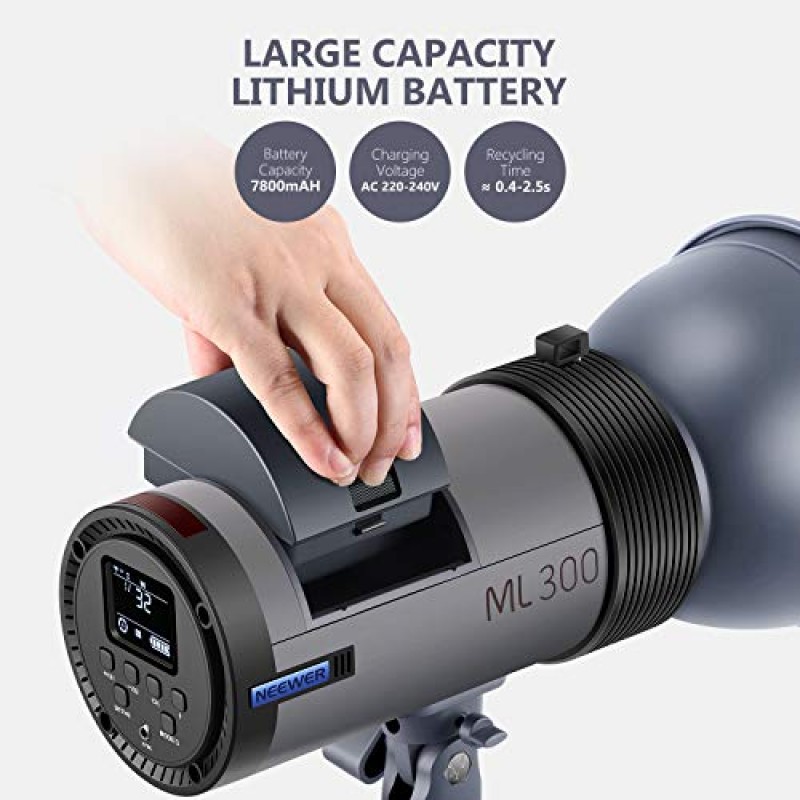 Neewer ML300 300W 야외 스튜디오 플래시 스트로브 리튬 이온 배터리 구동 모노라이트(2.4GHz 무선 트리거 포함), 1000회 최대 전력 플래시, 0.4~2.5초 재활용 시간, 보웬스 마운트, 2팩 리튬 이온 배터리