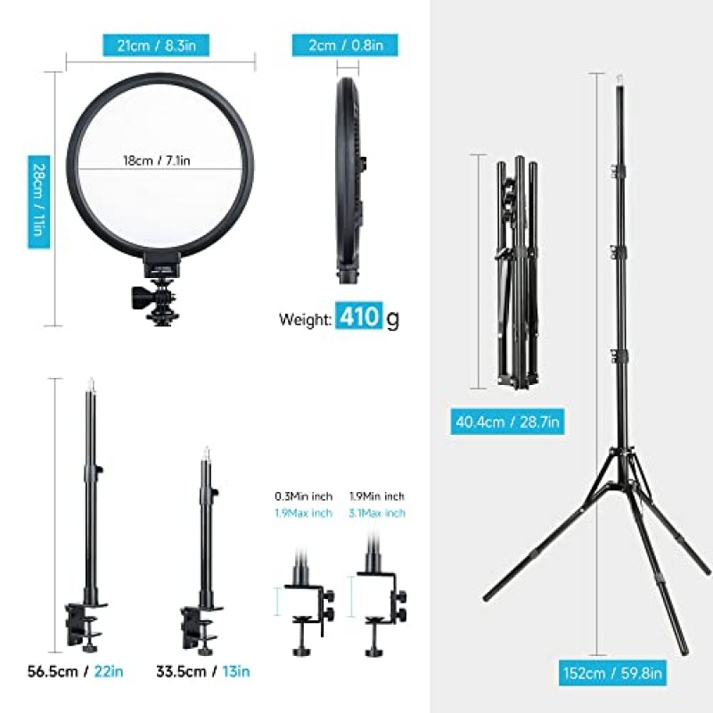 VILTROX VL-300T 8인치 원형 LED 비디오 조명 키트, 3300-5600K 이중 색상 조광 가능 LED 소프트 라이트, YouTube 비디오 촬영용 스튜디오 조명, AC 어댑터, 삼각대 및 C 클램프 스탠드 포함