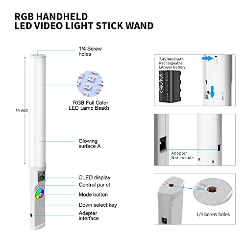 GVM RGB 휴대용 LED 비디오 라이트 지팡이 스틱 사진 조명, 충전식 배터리 내장, OLED 디스플레이 사진 스튜디오 조명