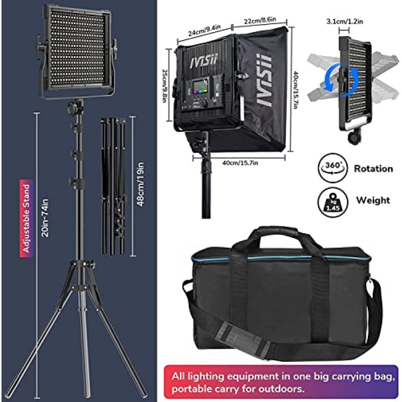 IVISII RGB 비디오 조명, 풀 컬러 LED 사진 조명 키트, 소프트박스가 포함된 2팩 패널 조명, 50W, 552개 LED/CRI 97+, 2600K-10000K